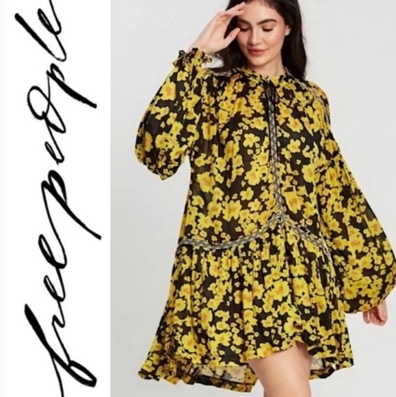 NWT Free People yellow black balloon sleeve love letter hi/low tunic dress - Picture 3 of 13